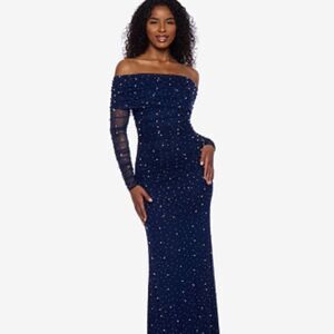 B Darlin Juniors Navy Long Sleeve Dress with Embellishments Off The Shoulder